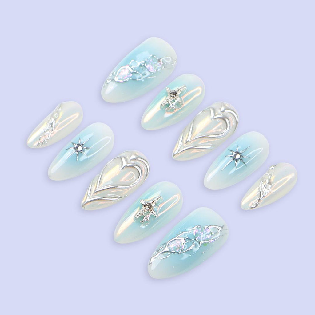 Blue Press On Nails | Opalescent Celestial with Silver Stars & 3D Heart | Almond Fake Nails | Handmade Nail Art for Valentine of Gifts