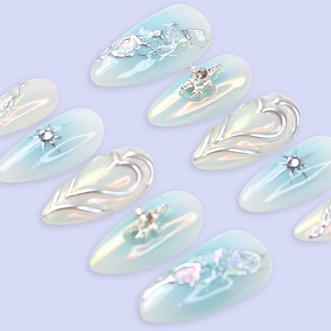 Blue Press On Nails | Opalescent Celestial with Silver Stars & 3D Heart | Almond Fake Nails | Handmade Nail Art for Valentine of Gifts