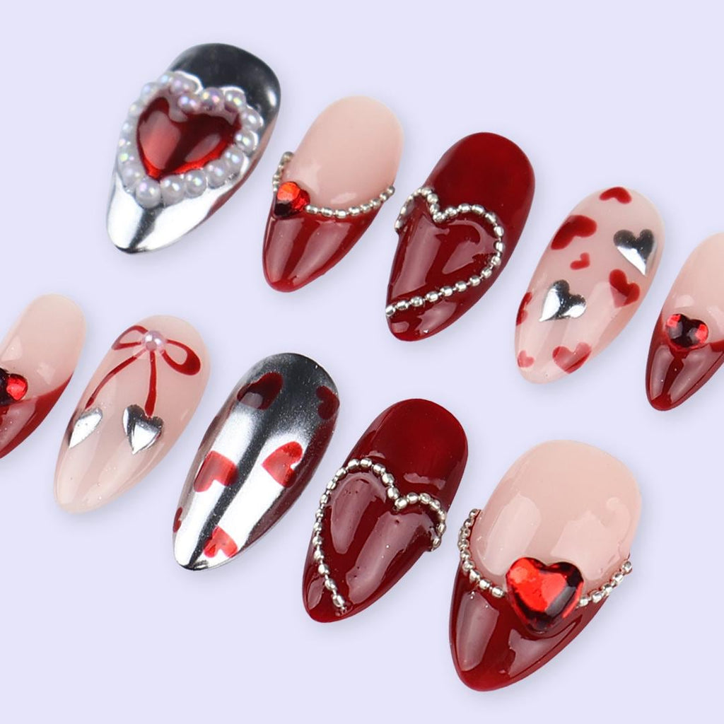 Luxury Valentine Press On Nails | Red Heart With Pearl And Silver Chrome Design | Almond Fake Nails | Handmade Nail Art for Date or Gift