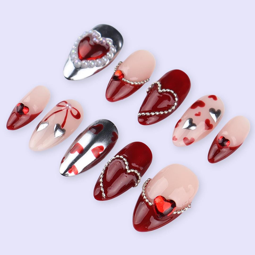 Luxury Valentine Press On Nails | Red Heart With Pearl And Silver Chrome Design | Almond Fake Nails | Handmade Nail Art for Date or Gift