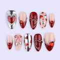 Luxury Valentine Press On Nails | Red Heart With Pearl And Silver Chrome Design | Almond Fake Nails | Handmade Nail Art for Date or Gift