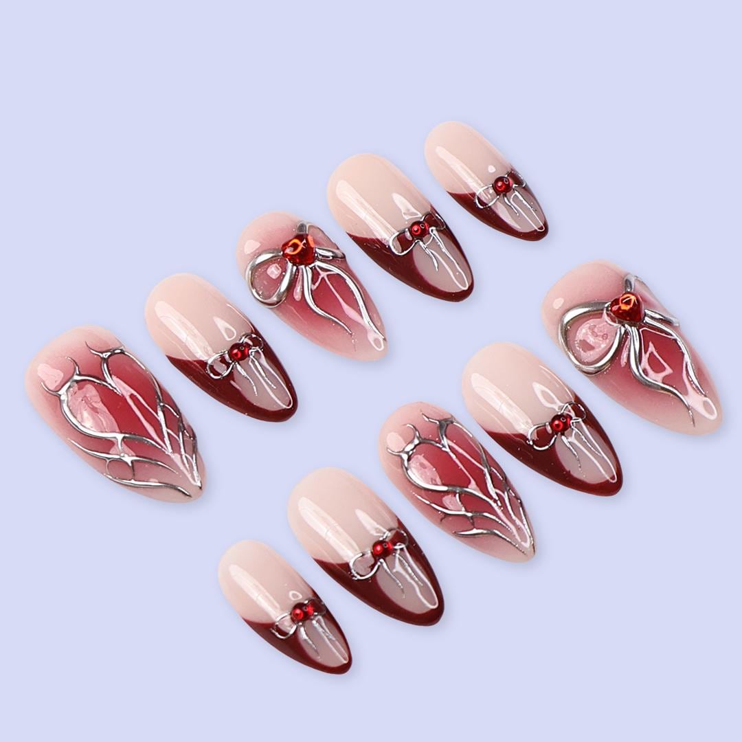 Valentine Press On Nails with Silver Bow & Heart and Red Accents | Medium Almond Fake Nails | Handmade Nail Art for Everyday Wear or Gift