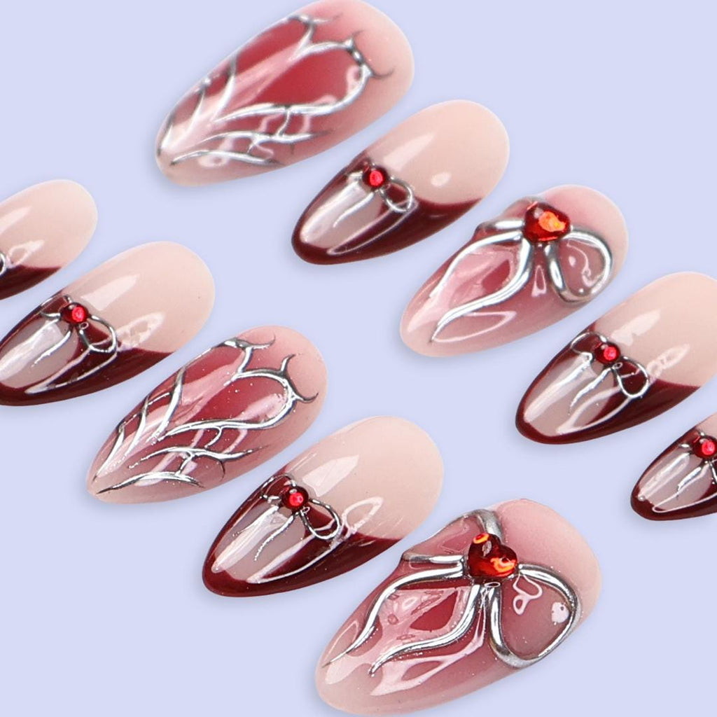 Valentine Press On Nails with Silver Bow & Heart and Red Accents | Medium Almond Fake Nails | Handmade Nail Art for Everyday Wear or Gift