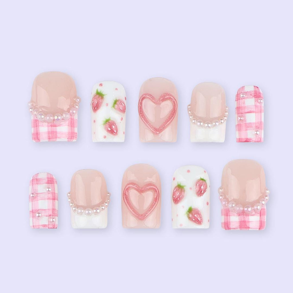 Pink Valentine Press On Nails | Strawberry & Heart Design with Pearl Details | Short Square Fake Nails | Handmade Nail Art for Date or Gift