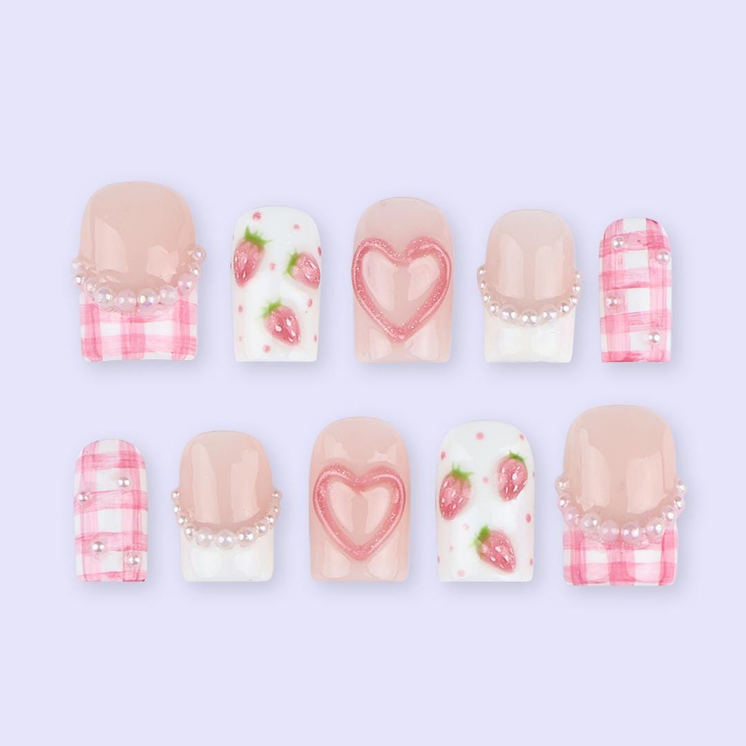 Pink Valentine Press On Nails | Strawberry & Heart Design with Pearl Details | Short Square Fake Nails | Handmade Nail Art for Date or Gift