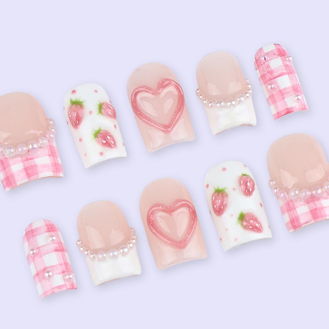Pink Valentine Press On Nails | Strawberry & Heart Design with Pearl Details | Short Square Fake Nails | Handmade Nail Art for Date or Gift