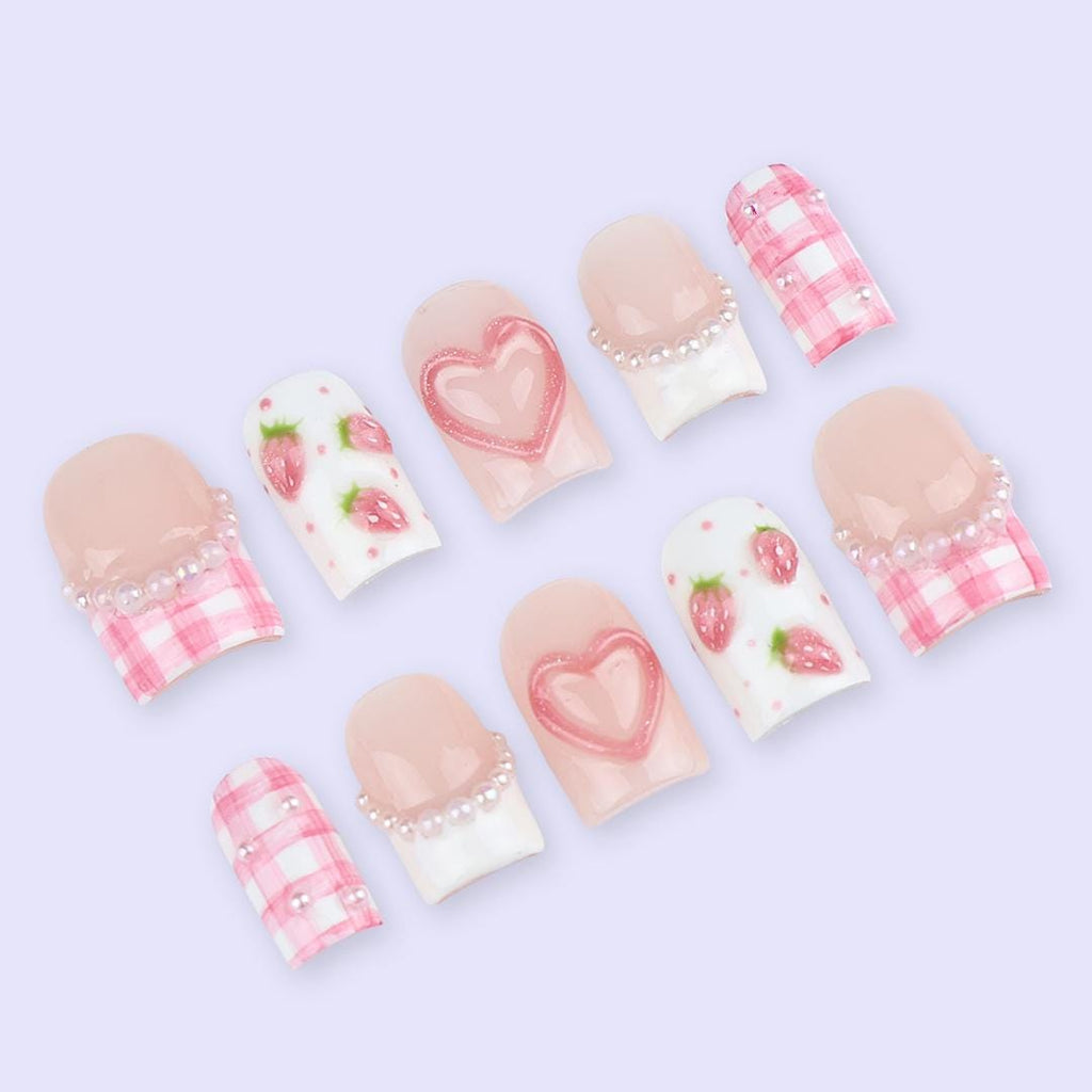 Pink Valentine Press On Nails | Strawberry & Heart Design with Pearl Details | Short Square Fake Nails | Handmade Nail Art for Date or Gift