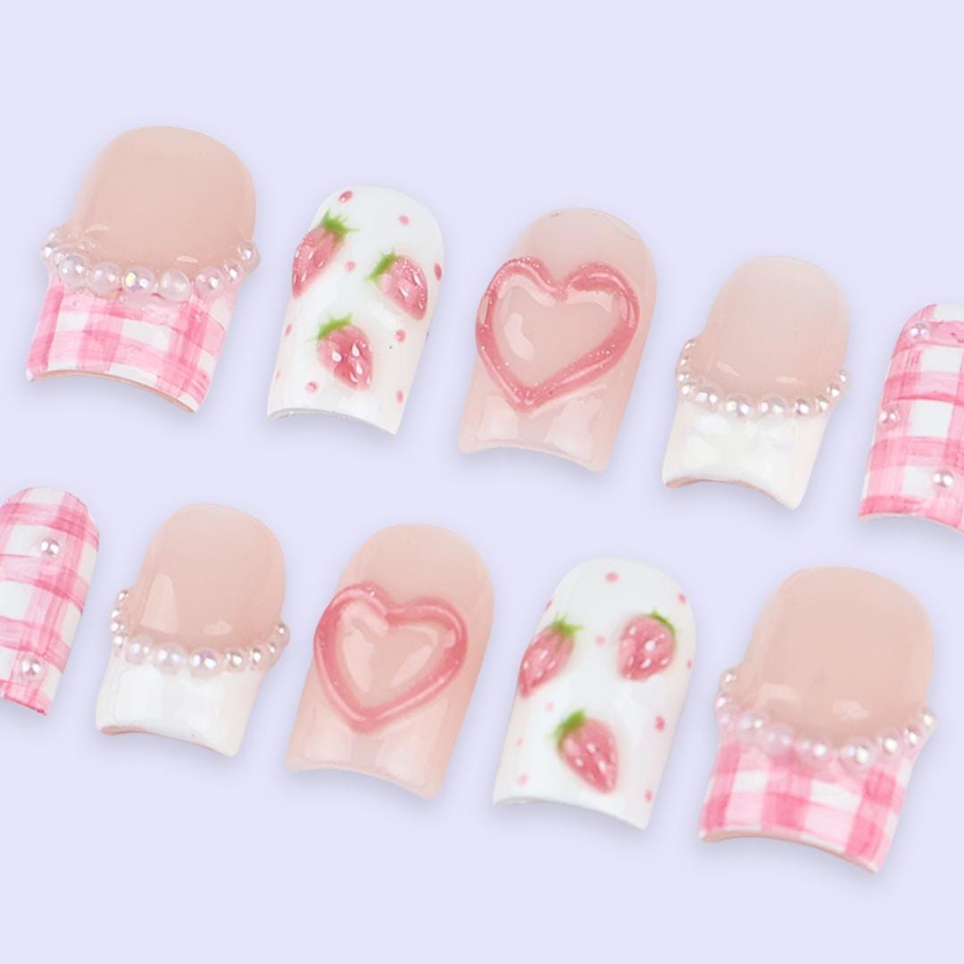 Pink Valentine Press On Nails | Strawberry & Heart Design with Pearl Details | Short Square Fake Nails | Handmade Nail Art for Date or Gift