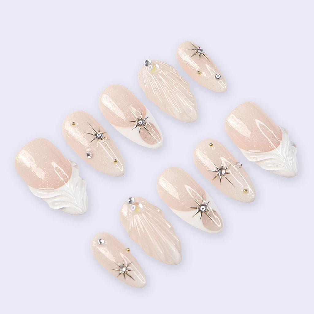 Nude Champagne Press On Nails | Celestial Star & 3D Sculpted Detail | Medium Almond Fake Nails | Handmade Nail Art for Gift or Everyday Wear