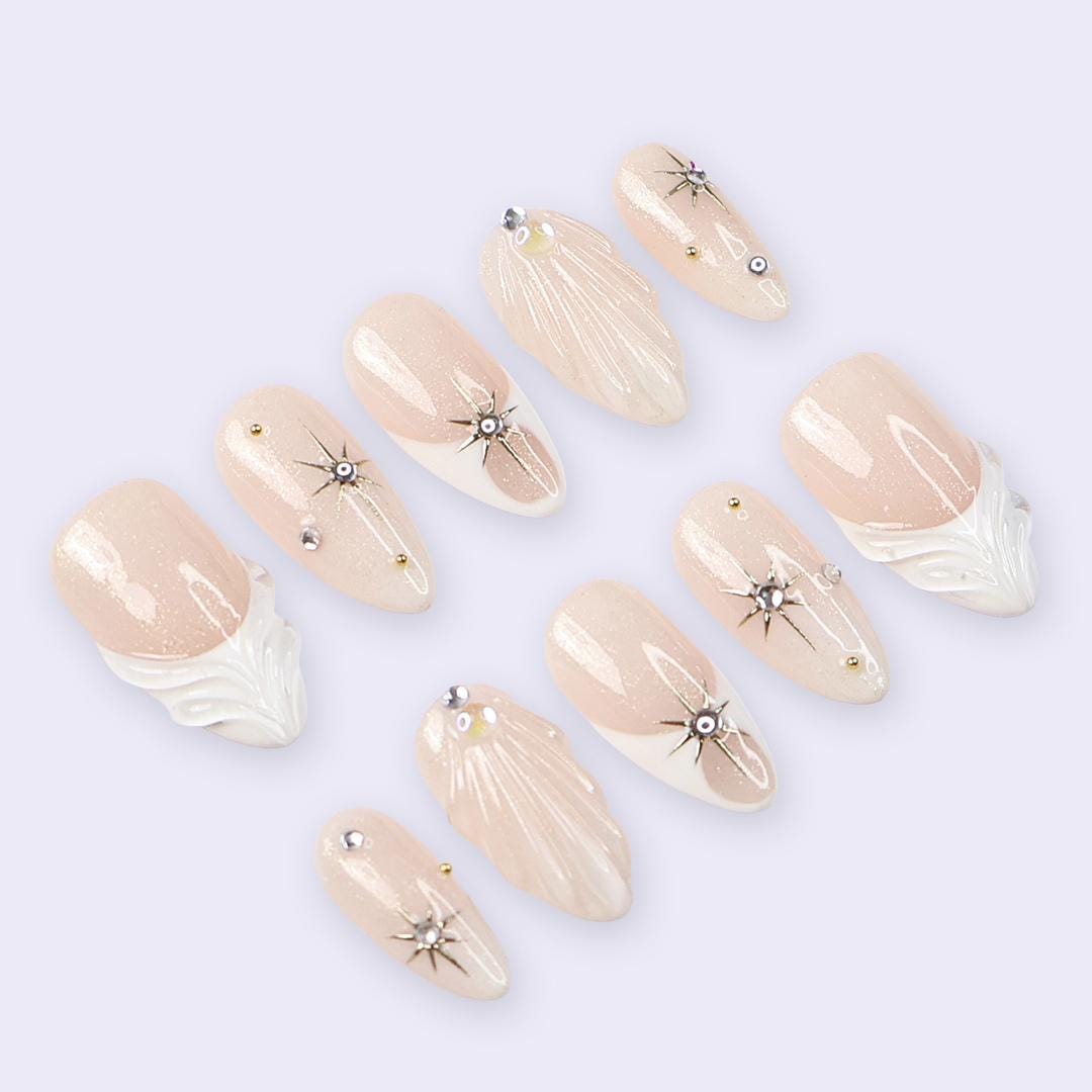 Nude Champagne Press On Nails | Celestial Star & 3D Sculpted Detail | Medium Almond Fake Nails | Handmade Nail Art for Gift or Everyday Wear
