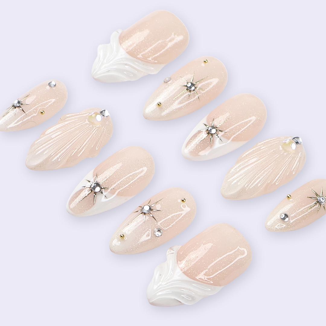 Nude Champagne Press On Nails | Celestial Star & 3D Sculpted Detail | Medium Almond Fake Nails | Handmade Nail Art for Gift or Everyday Wear