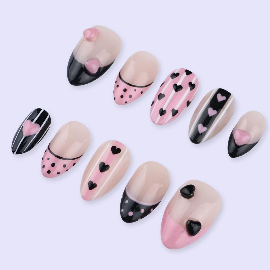 Pink & Black Valentine Press On Nails | Heart Stripe And Polka Dot Design | Almond Fake Nails | Handmade Nail Art for Date or Gift