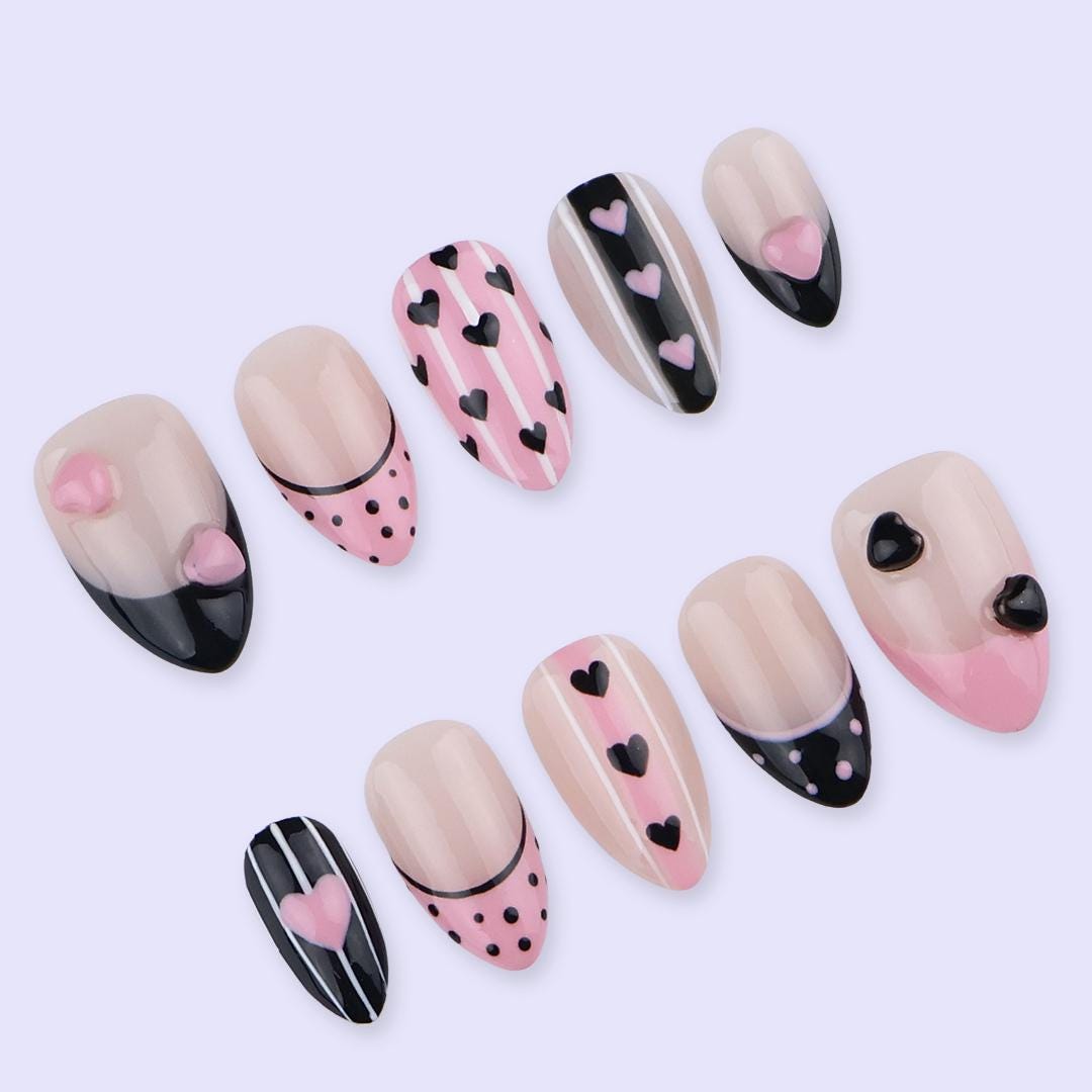 Pink & Black Valentine Press On Nails | Heart Stripe And Polka Dot Design | Almond Fake Nails | Handmade Nail Art for Date or Gift