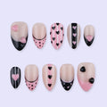 Pink & Black Valentine Press On Nails | Heart Stripe And Polka Dot Design | Almond Fake Nails | Handmade Nail Art for Date or Gift