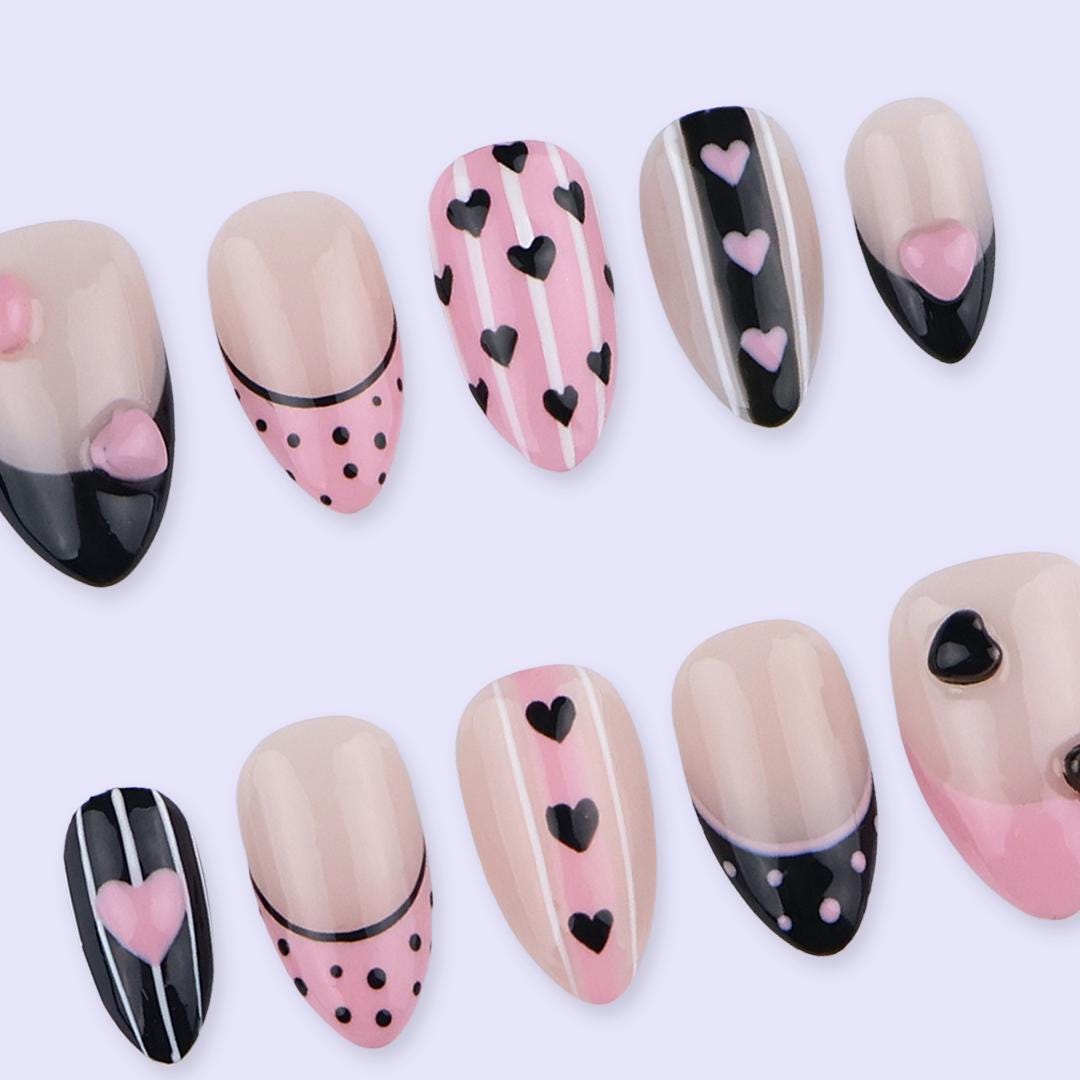 Pink & Black Valentine Press On Nails | Heart Stripe And Polka Dot Design | Almond Fake Nails | Handmade Nail Art for Date or Gift