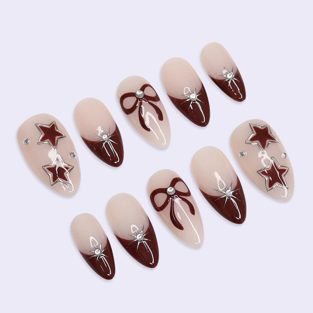 Minimal Red Press On Nails | Nude Base with Bow & Star Design | Almond Fake Nails | Handmade Nail Art for Everyday Wear or Gift