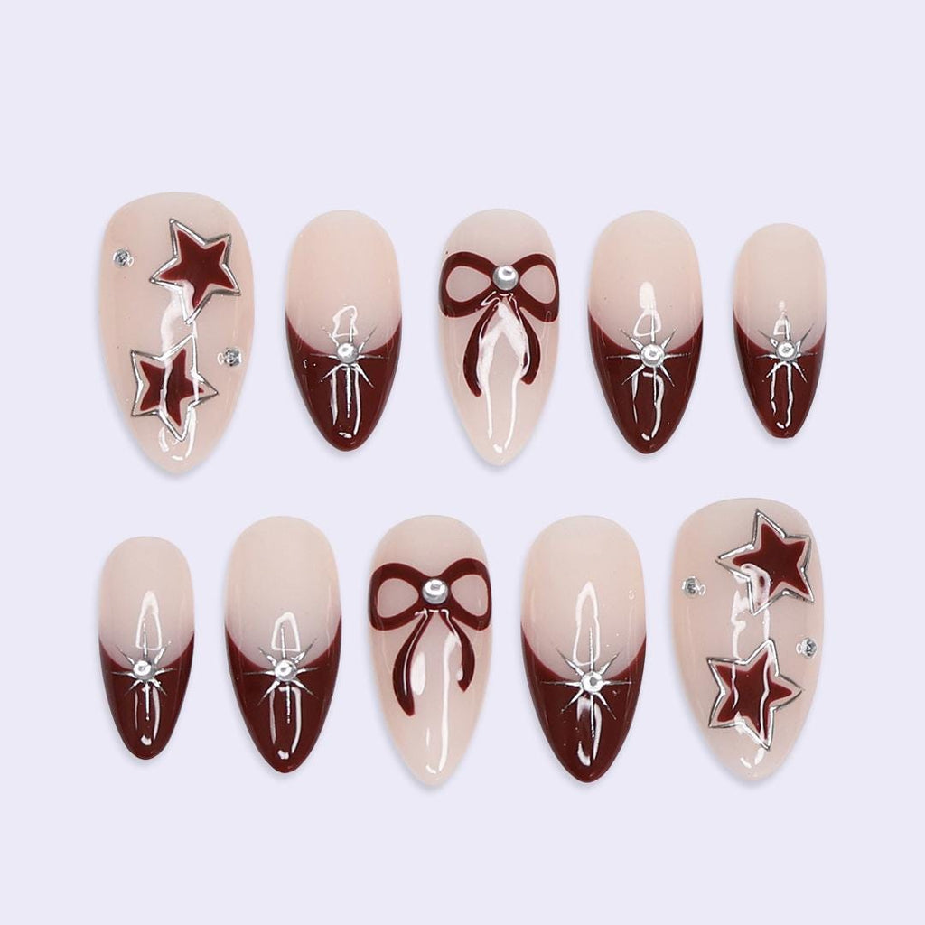 Minimal Red Press On Nails | Nude Base with Bow & Star Design | Almond Fake Nails | Handmade Nail Art for Everyday Wear or Gift
