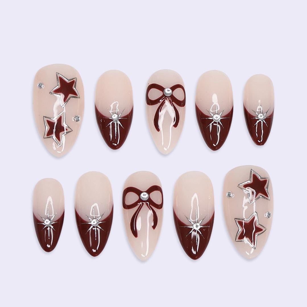Minimal Red Press On Nails | Nude Base with Bow & Star Design | Almond Fake Nails | Handmade Nail Art for Everyday Wear or Gift