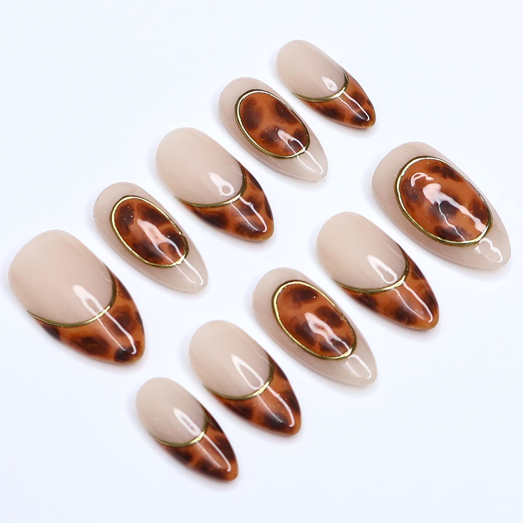 Tortoiseshell Press On Nails | Nude Brown Marble with Gold Outline | Short Almond Fake Nails | Handmade Nail Art for Everyday Wear