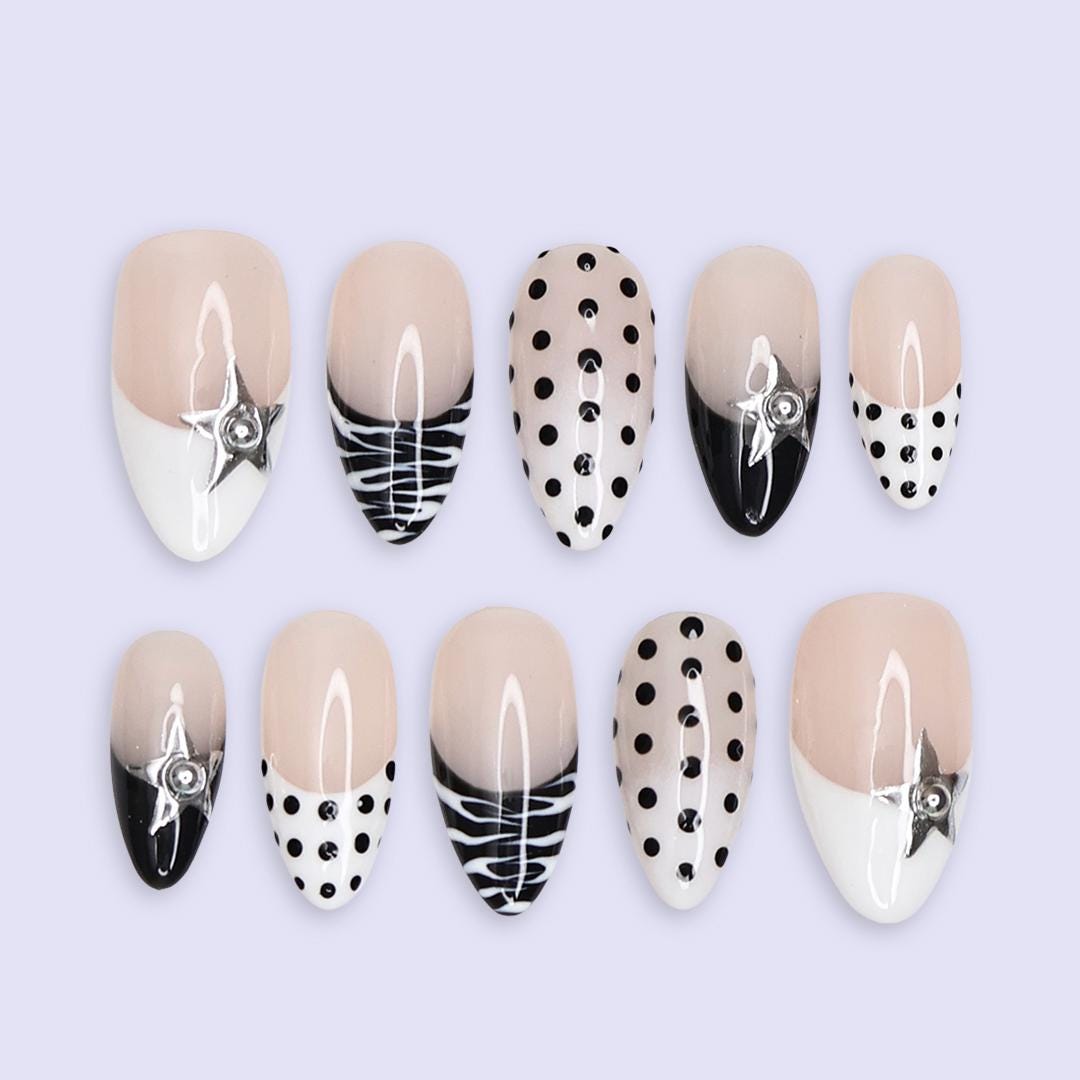 Black White Press On Nails | Polka Dot, Zebra & Silver Star Design | Almond Fake Nails | Handmade Nail Art for Everyday Wear or Gift