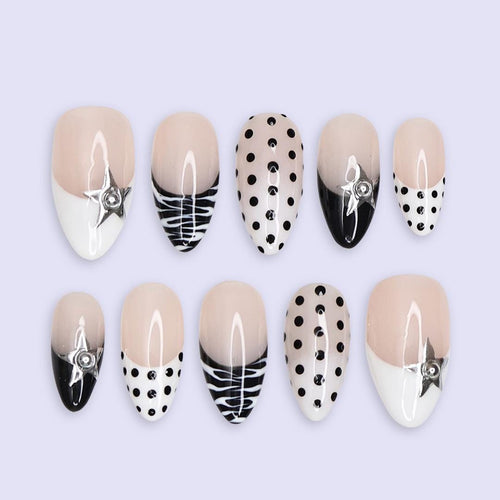 Black White Press On Nails | Polka Dot, Zebra & Silver Star Design | Almond Fake Nails | Handmade Nail Art for Everyday Wear or Gift