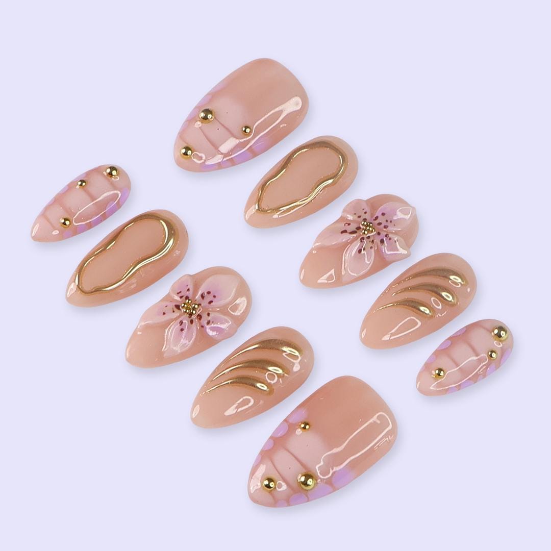 Pastel Prom Press On Nails | Soft Pink Floral & Gold Chrome Details | Almond Fake Nails | Handmade Nail Art for Wedding or Everyday Wear