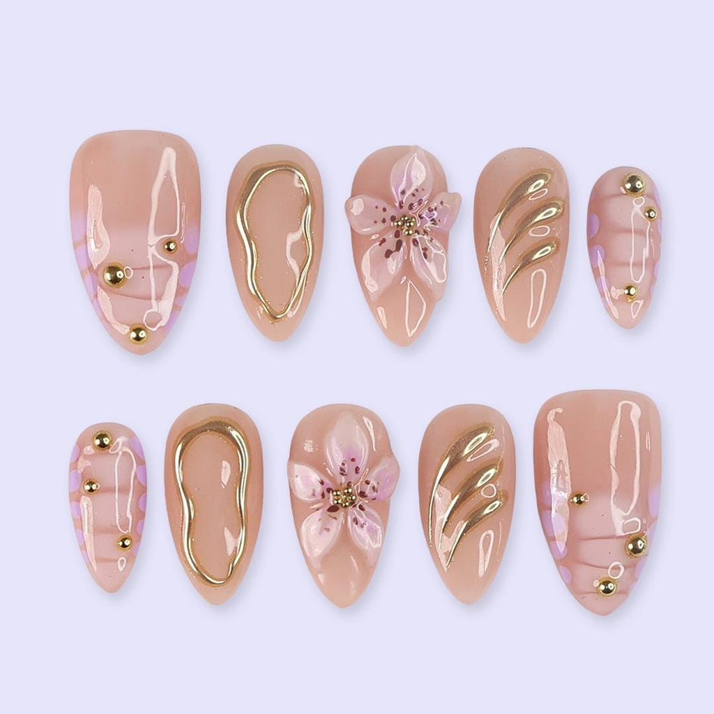 Pastel Prom Press On Nails | Soft Pink Floral & Gold Chrome Details | Almond Fake Nails | Handmade Nail Art for Wedding or Everyday Wear