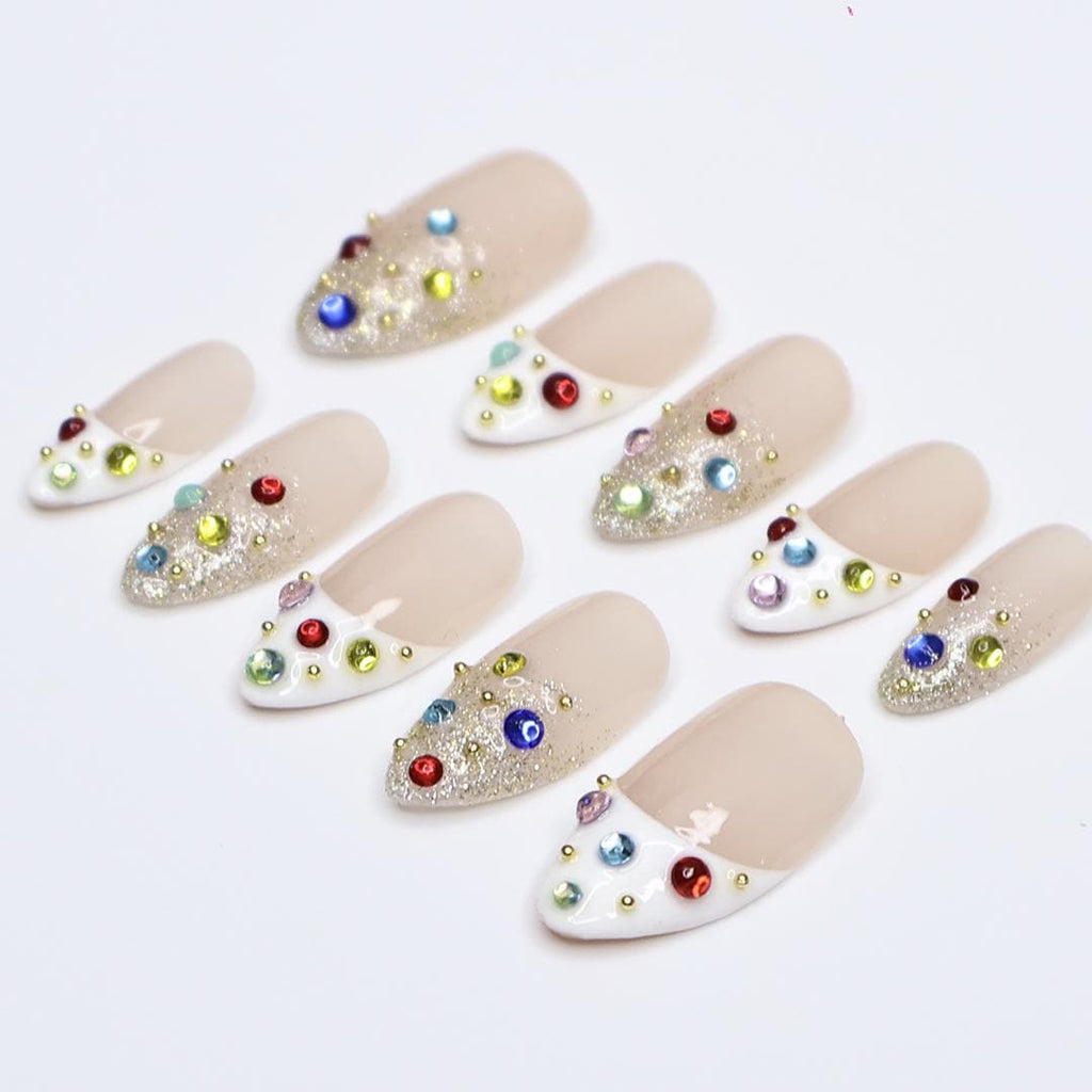 Glitter Press On Nails | Nude Base with Multicolor Gems | Almond Fake Nails | Handmade Nail Art for Everyday Wear or Party