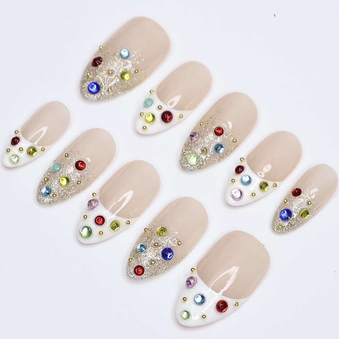 Glitter Press On Nails | Nude Base with Multicolor Gems | Almond Fake Nails | Handmade Nail Art for Everyday Wear or Party