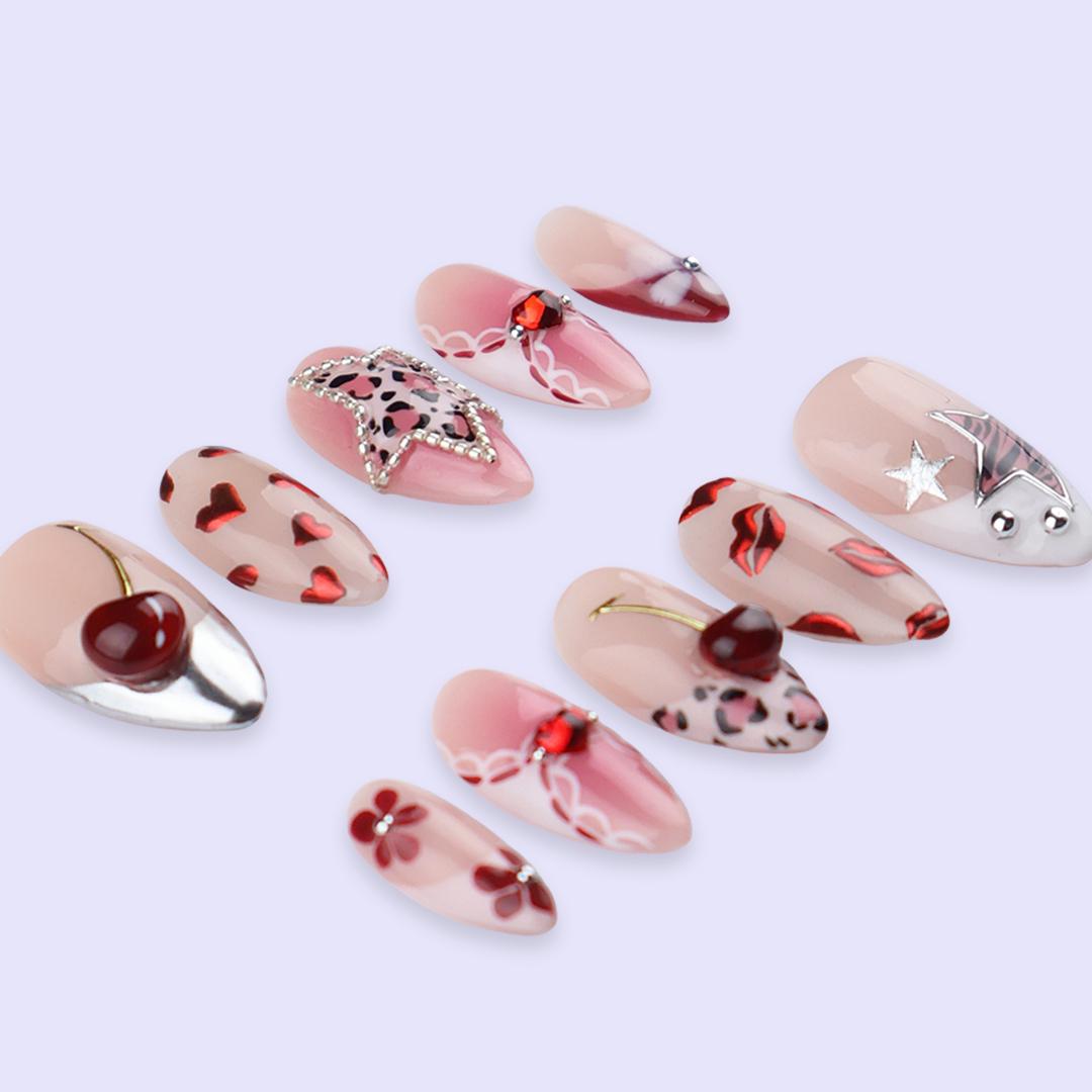 Y2K Valentine Press On Nails | Cherry Heart Leopard & Star Design | Almond Fake Nails | Handmade Nail Art for Date or Gift