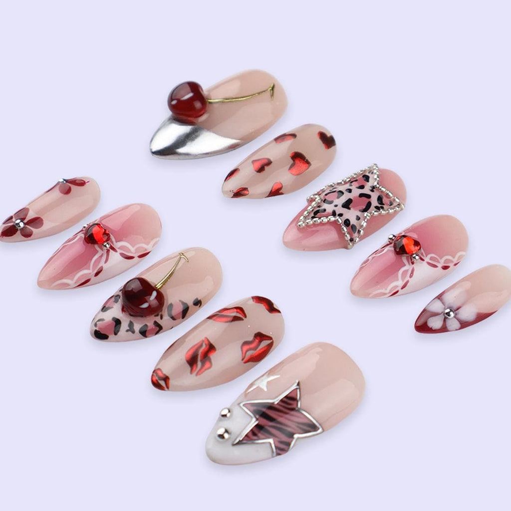 Y2K Valentine Press On Nails | Cherry Heart Leopard & Star Design | Almond Fake Nails | Handmade Nail Art for Date or Gift