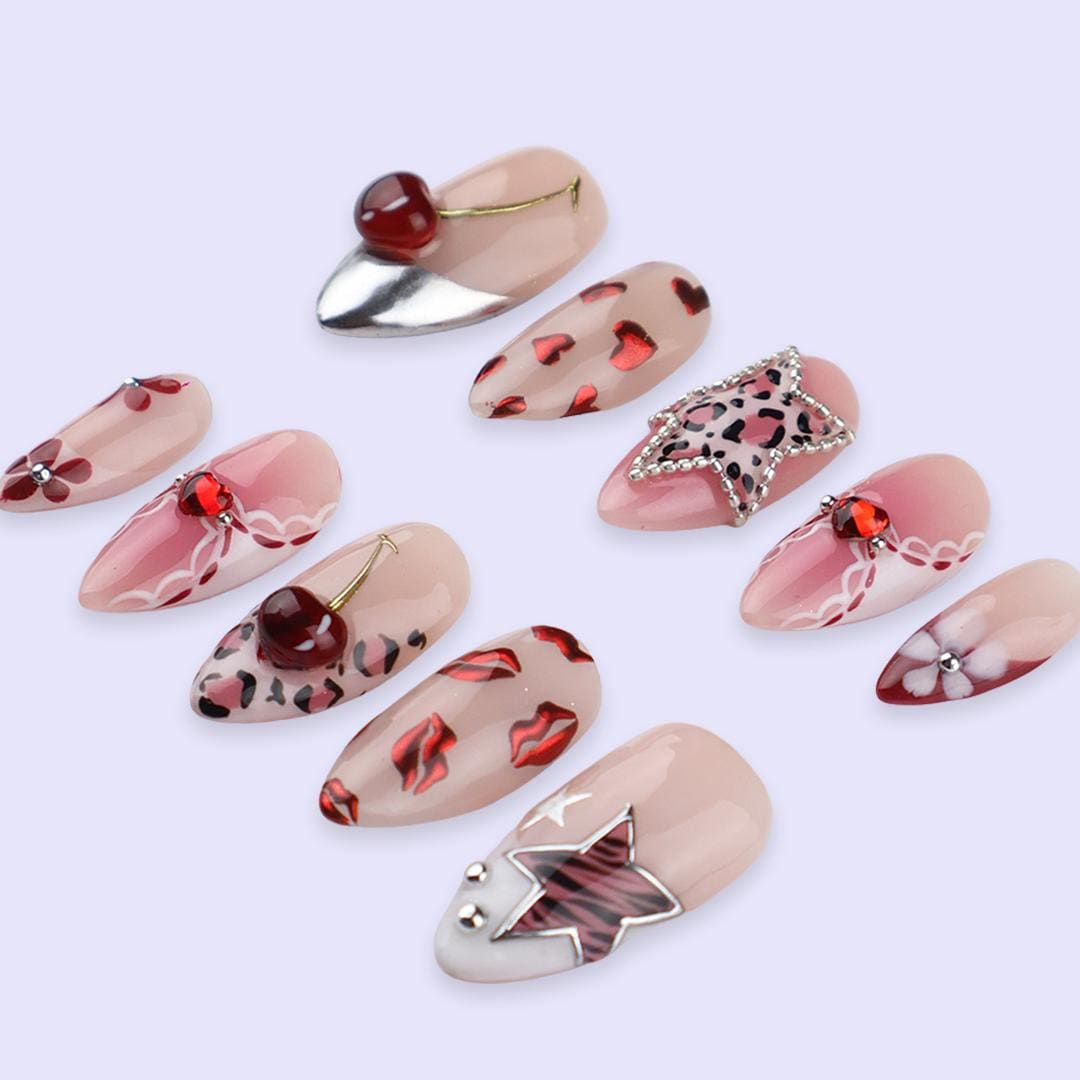 Y2K Valentine Press On Nails | Cherry Heart Leopard & Star Design | Almond Fake Nails | Handmade Nail Art for Date or Gift