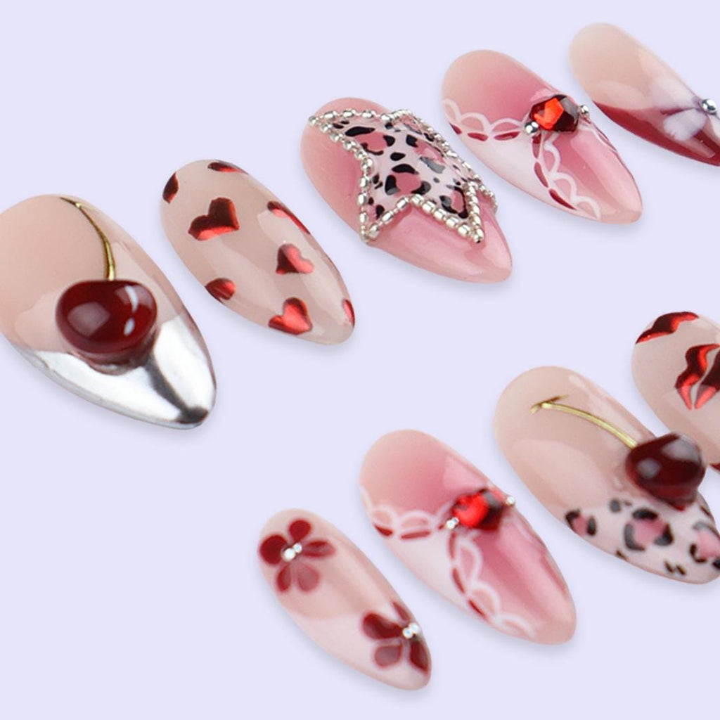 Y2K Valentine Press On Nails | Cherry Heart Leopard & Star Design | Almond Fake Nails | Handmade Nail Art for Date or Gift