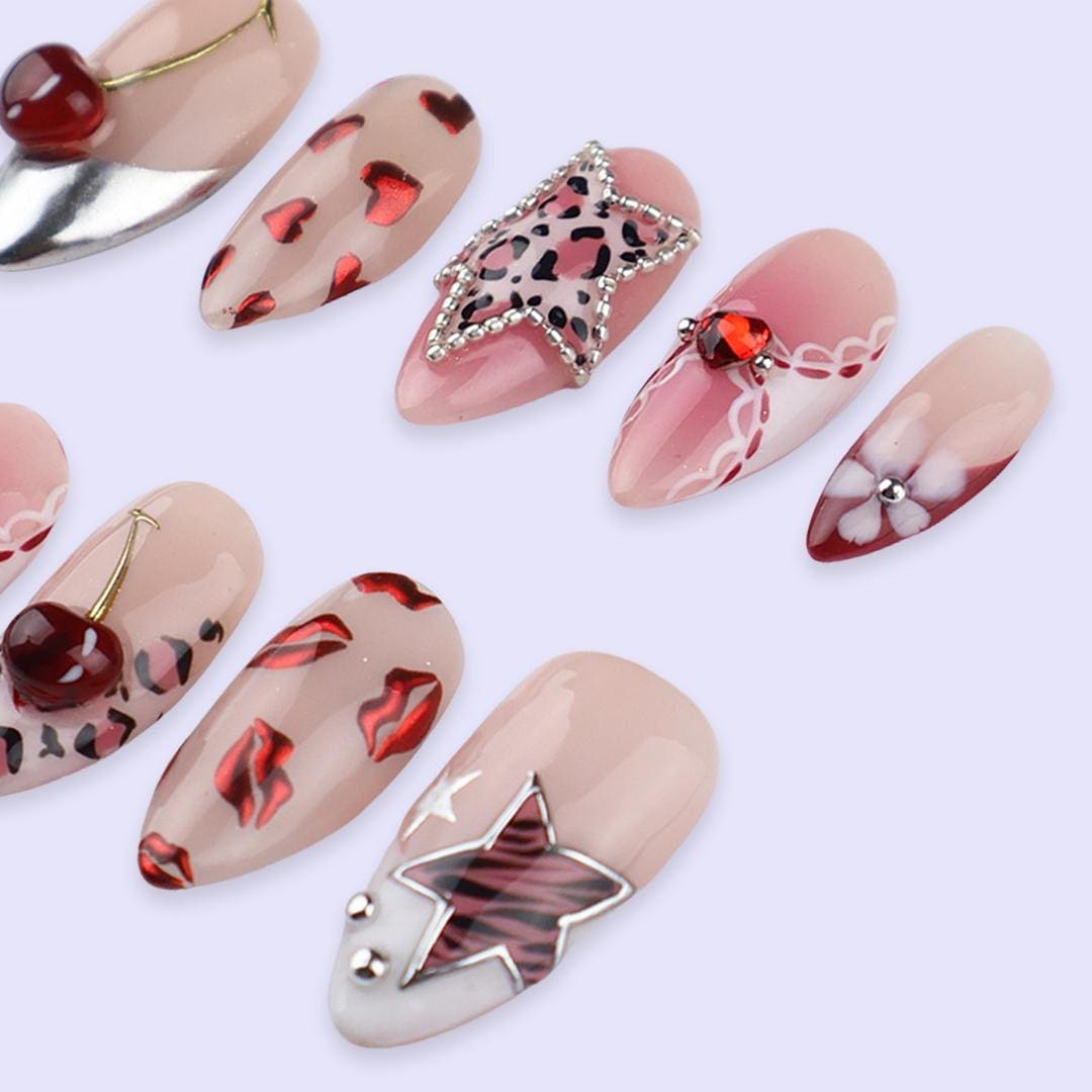 Y2K Valentine Press On Nails | Cherry Heart Leopard & Star Design | Almond Fake Nails | Handmade Nail Art for Date or Gift