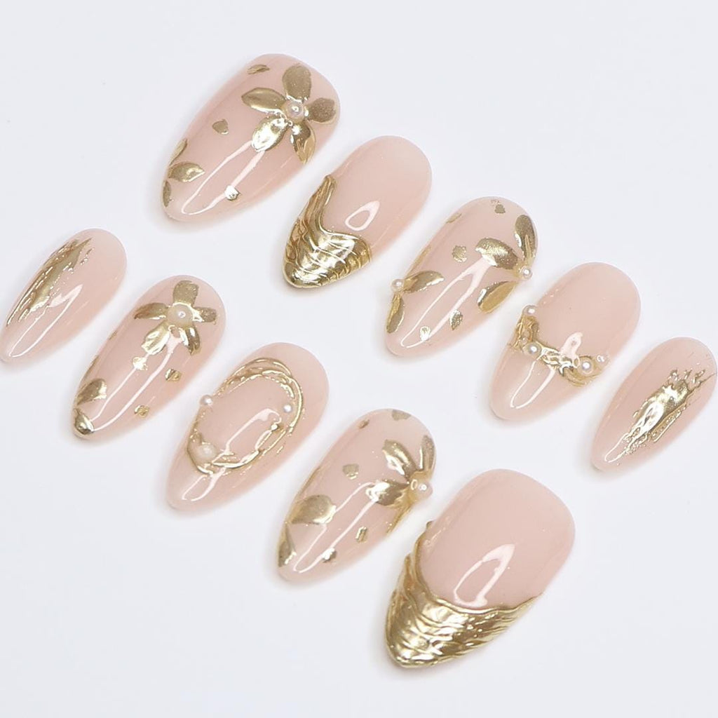 Gold Press On Nails | Nude Base with Floral Chrome Details | Almond Fake Nails | Handmade Nail Art for Everyday Wear