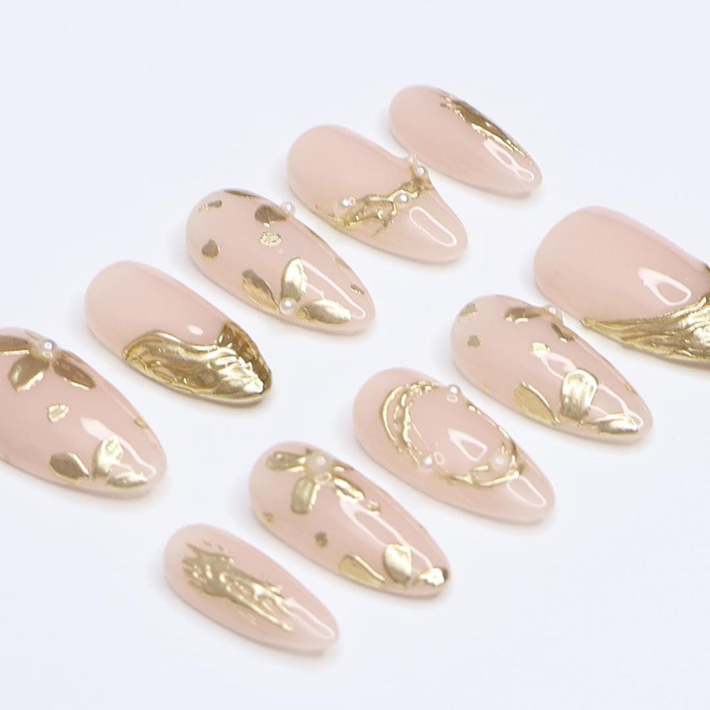 Gold Press On Nails | Nude Base with Floral Chrome Details | Almond Fake Nails | Handmade Nail Art for Everyday Wear
