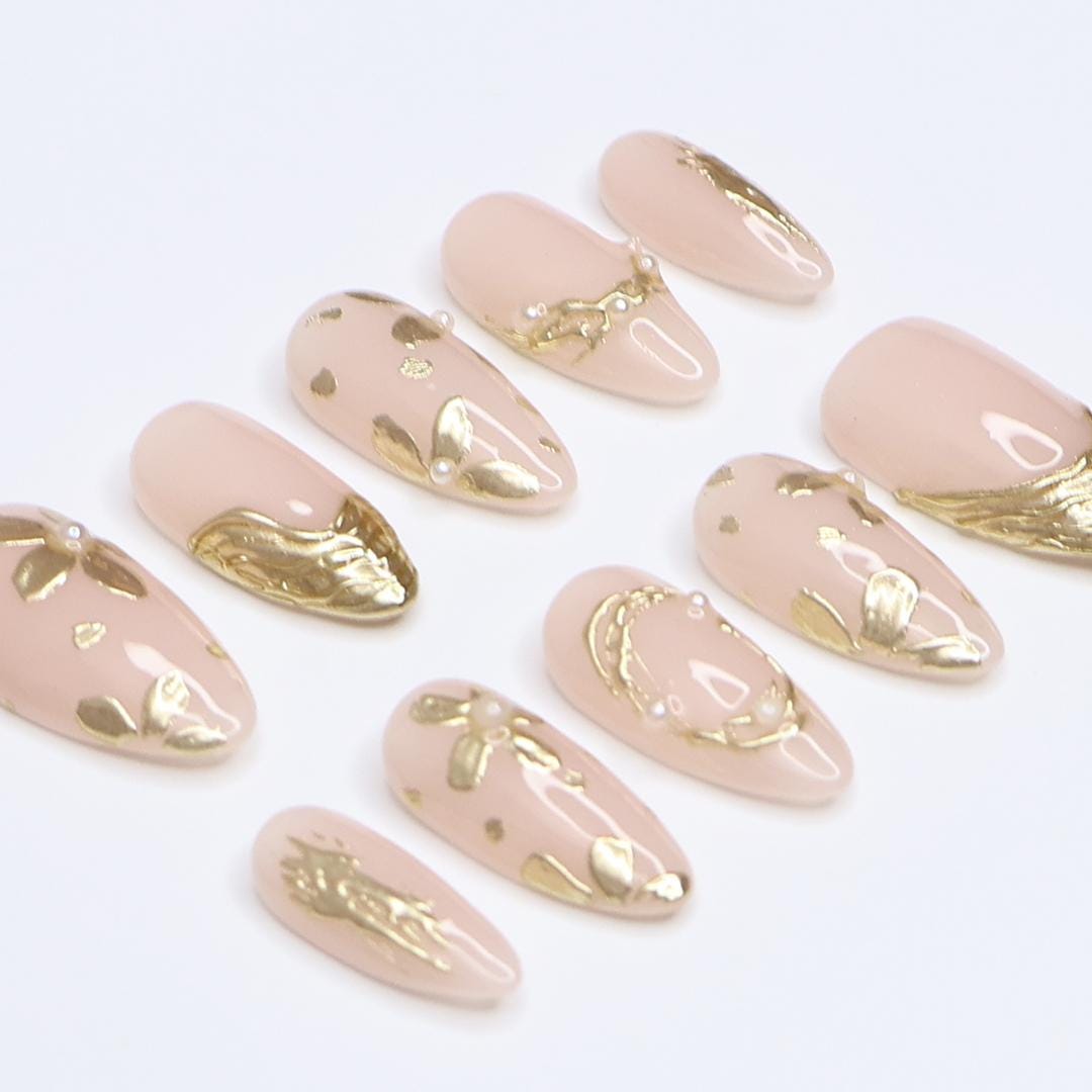 Gold Press On Nails | Nude Base with Floral Chrome Details | Almond Fake Nails | Handmade Nail Art for Everyday Wear