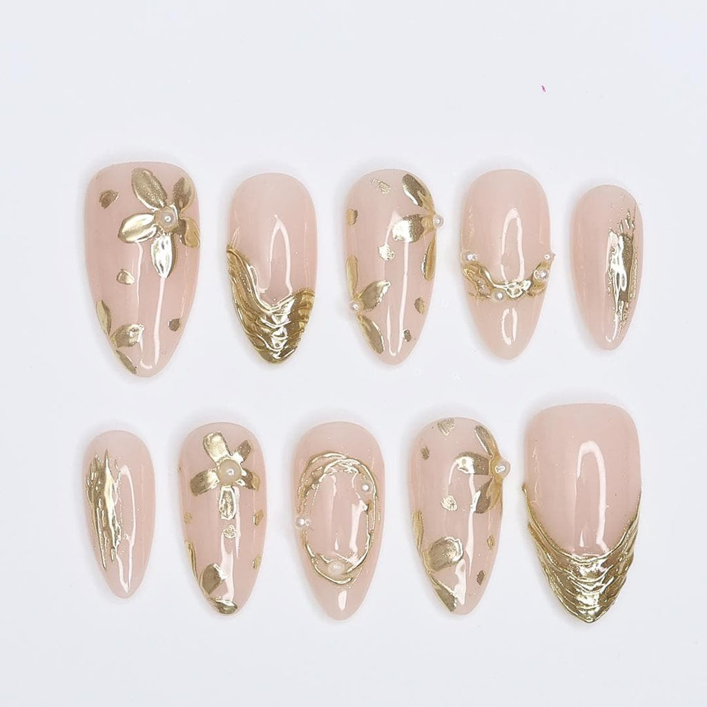 Gold Press On Nails | Nude Base with Floral Chrome Details | Almond Fake Nails | Handmade Nail Art for Everyday Wear