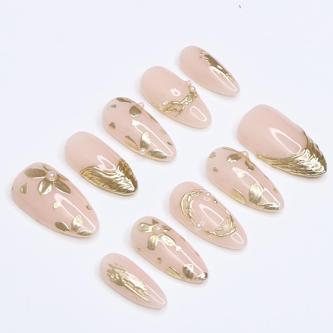 Gold Press On Nails | Nude Base with Floral Chrome Details | Almond Fake Nails | Handmade Nail Art for Everyday Wear