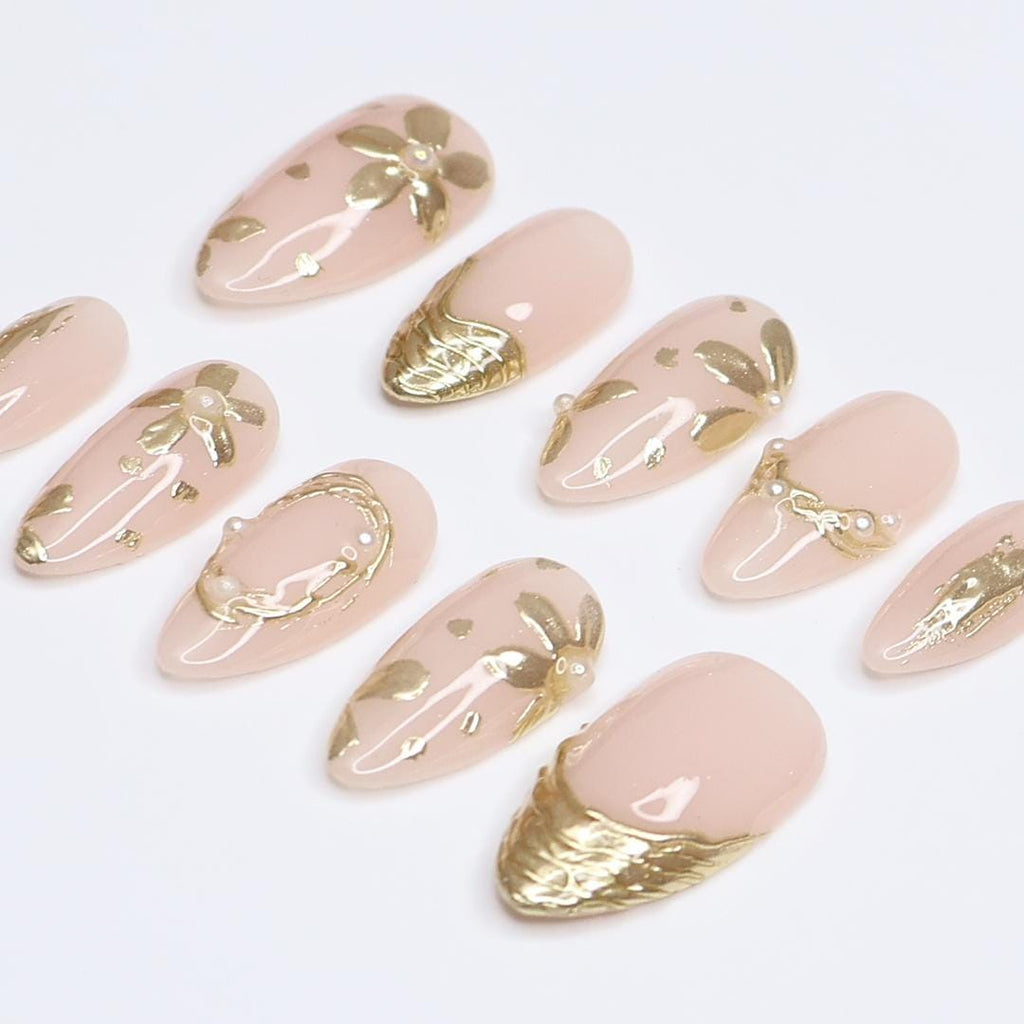 Gold Press On Nails | Nude Base with Floral Chrome Details | Almond Fake Nails | Handmade Nail Art for Everyday Wear