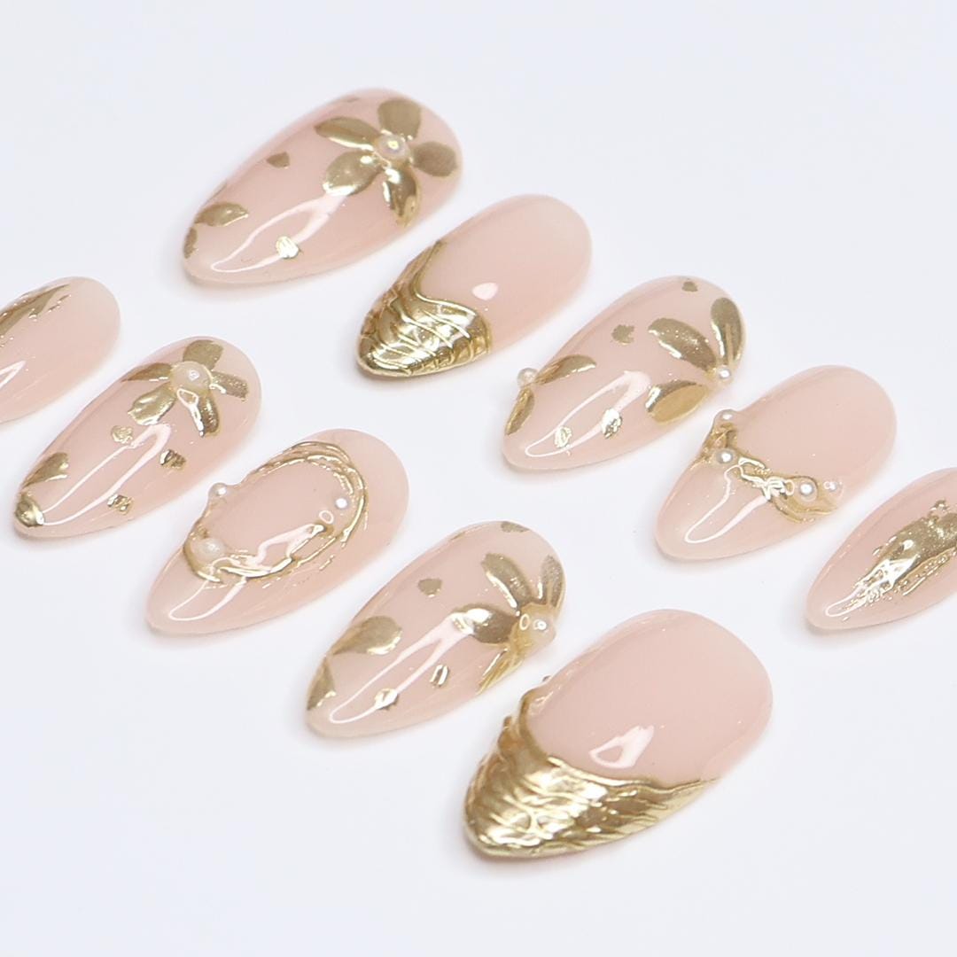 Gold Press On Nails | Nude Base with Floral Chrome Details | Almond Fake Nails | Handmade Nail Art for Everyday Wear