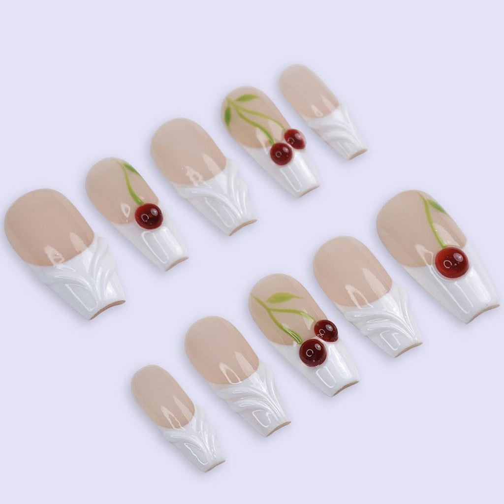 Cherry Press On Nails | Nude White Base with 3D Cherry Design | Coffin Fake Nails | Handmade Nail Art for Everyday Wear