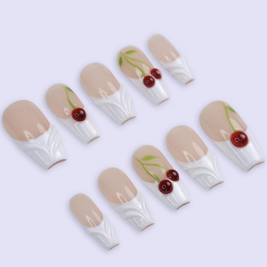 Cherry Press On Nails | Nude White Base with 3D Cherry Design | Coffin Fake Nails | Handmade Nail Art for Everyday Wear