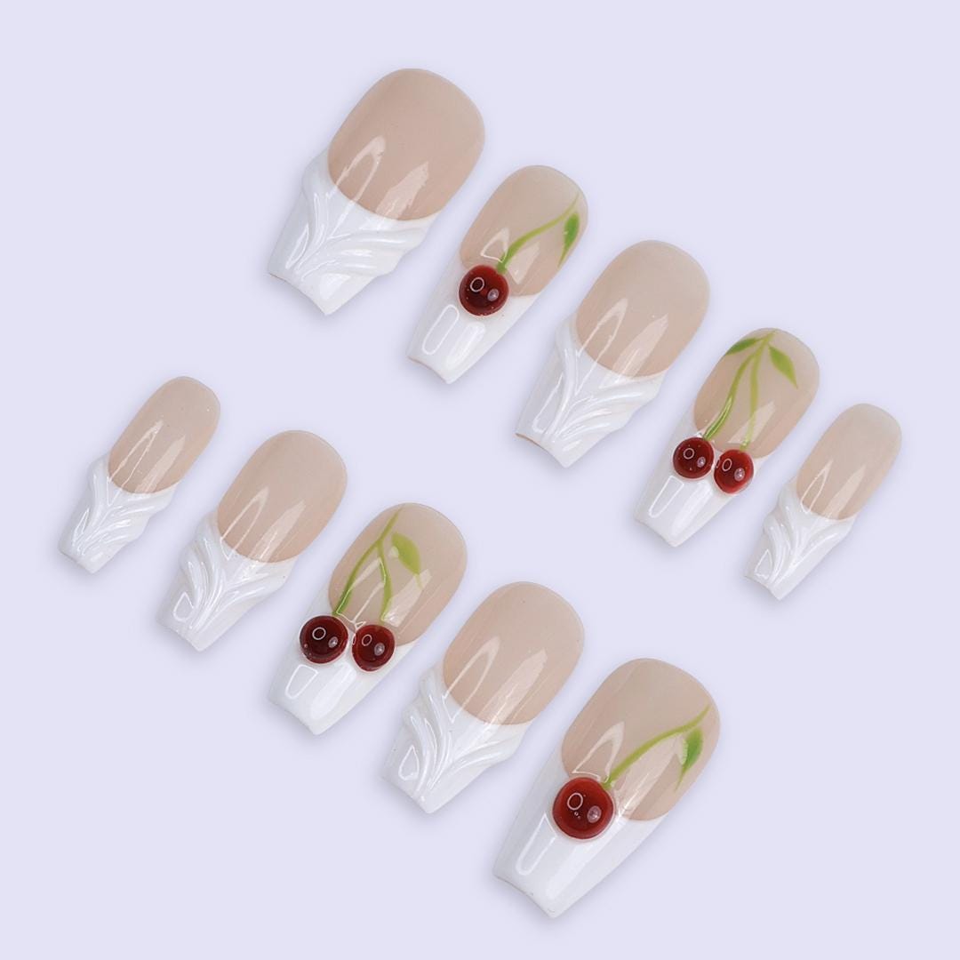 Cherry Press On Nails | Nude White Base with 3D Cherry Design | Coffin Fake Nails | Handmade Nail Art for Everyday Wear
