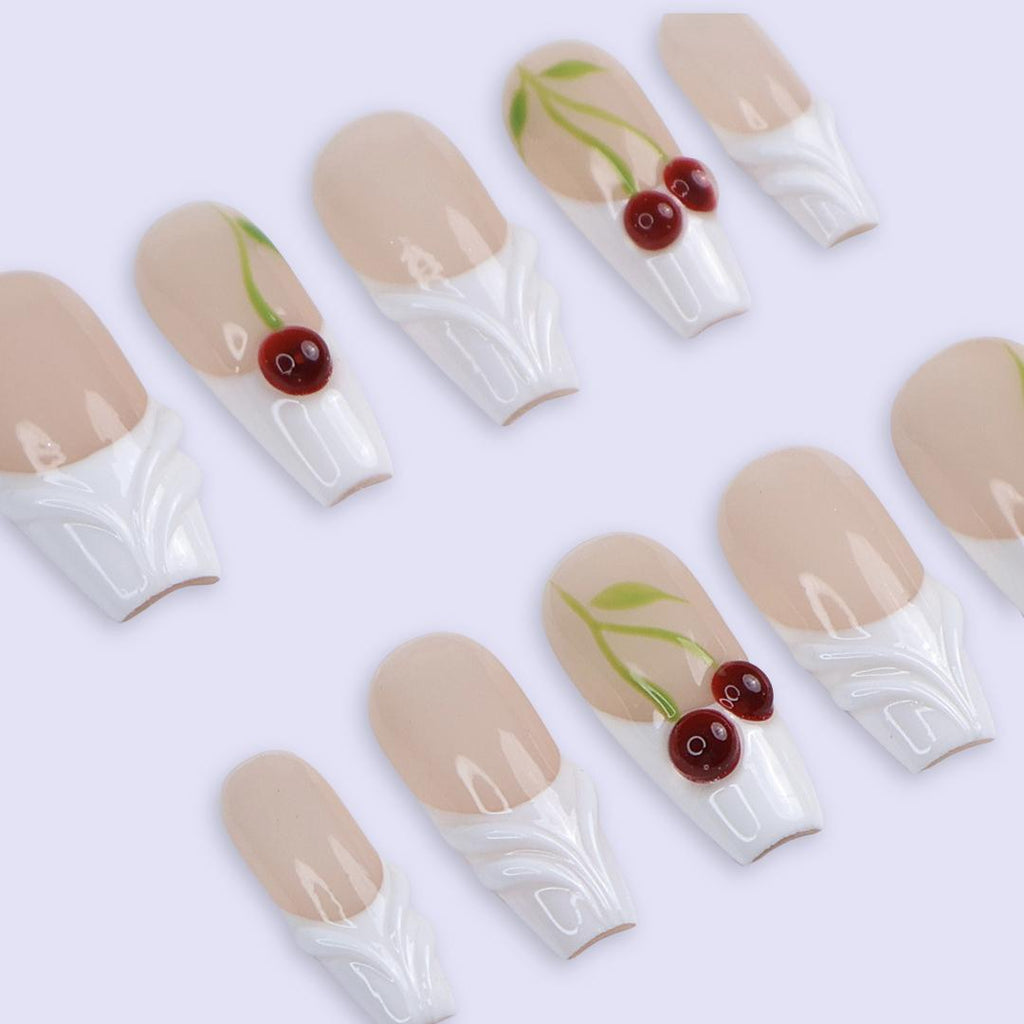 Cherry Press On Nails | Nude White Base with 3D Cherry Design | Coffin Fake Nails | Handmade Nail Art for Everyday Wear