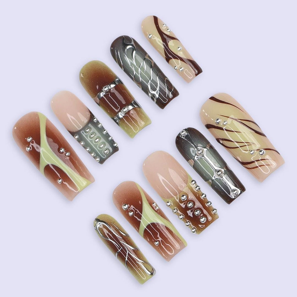 Earth Tone Press On Nails | Abstract Swirl & Rhinestone Design | Long Square Fake Nails | Handmade Nail Art for Everyday Wear or Gift