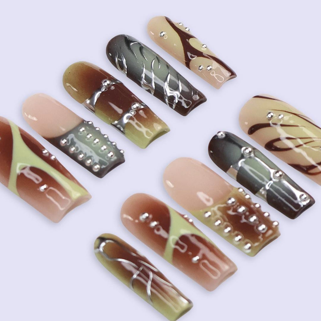 Earth Tone Press On Nails | Abstract Swirl & Rhinestone Design | Long Square Fake Nails | Handmade Nail Art for Everyday Wear or Gift