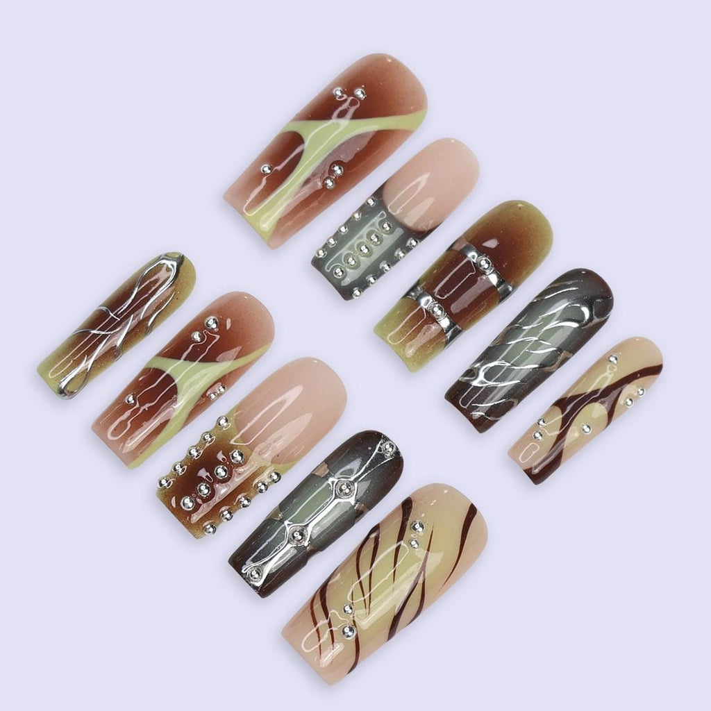 Earth Tone Press On Nails | Abstract Swirl & Rhinestone Design | Long Square Fake Nails | Handmade Nail Art for Everyday Wear or Gift