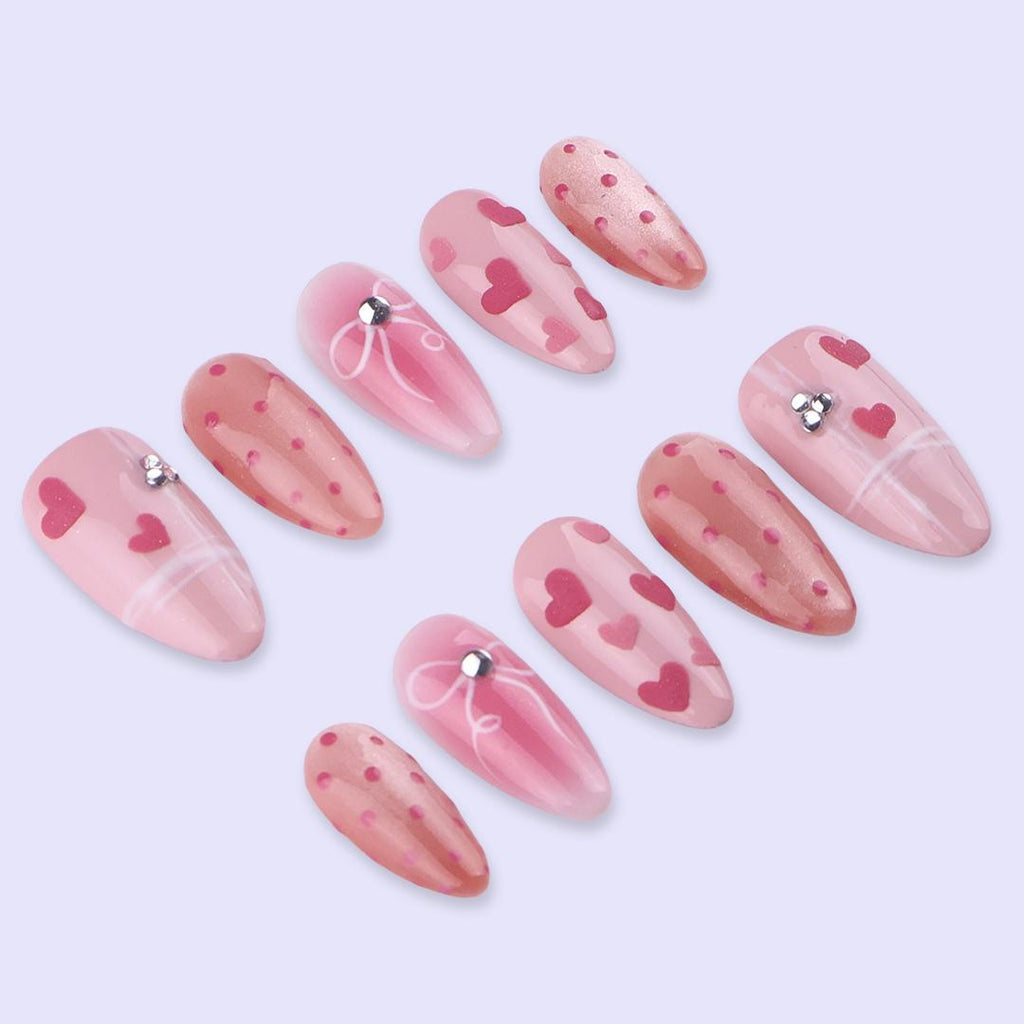 Pink Valentine Press On Nails | Heart & Bow Design with Polka Dots | Almond Fake Nails | Handmade Nail Art for Date or Gift
