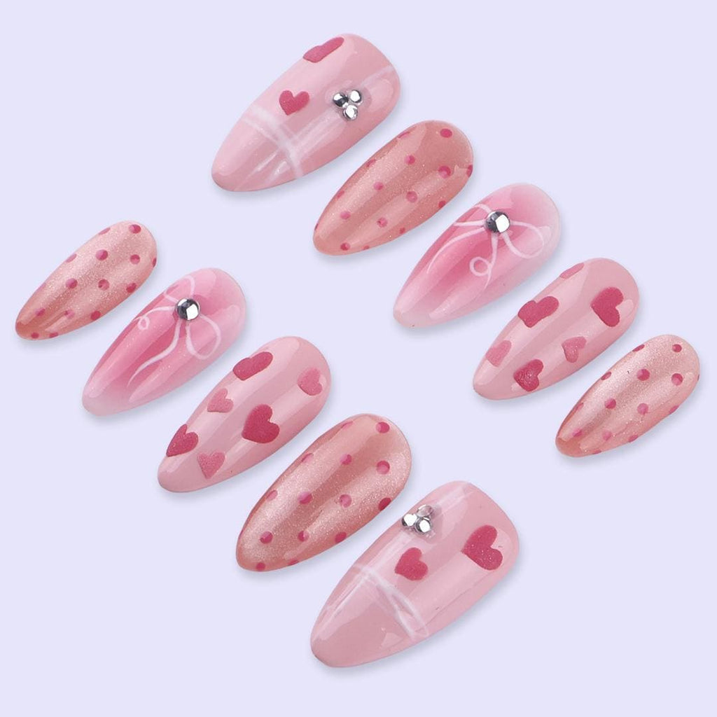 Pink Valentine Press On Nails | Heart & Bow Design with Polka Dots | Almond Fake Nails | Handmade Nail Art for Date or Gift